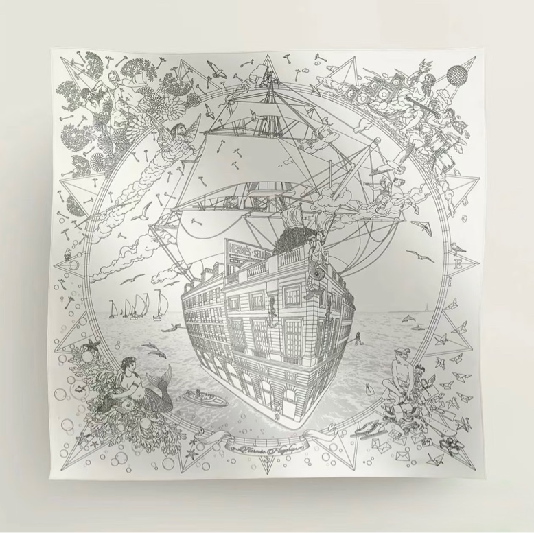 Hermes 愛馬仕 福堡郵輪絲巾/90cm/白色款/全新現貨-4