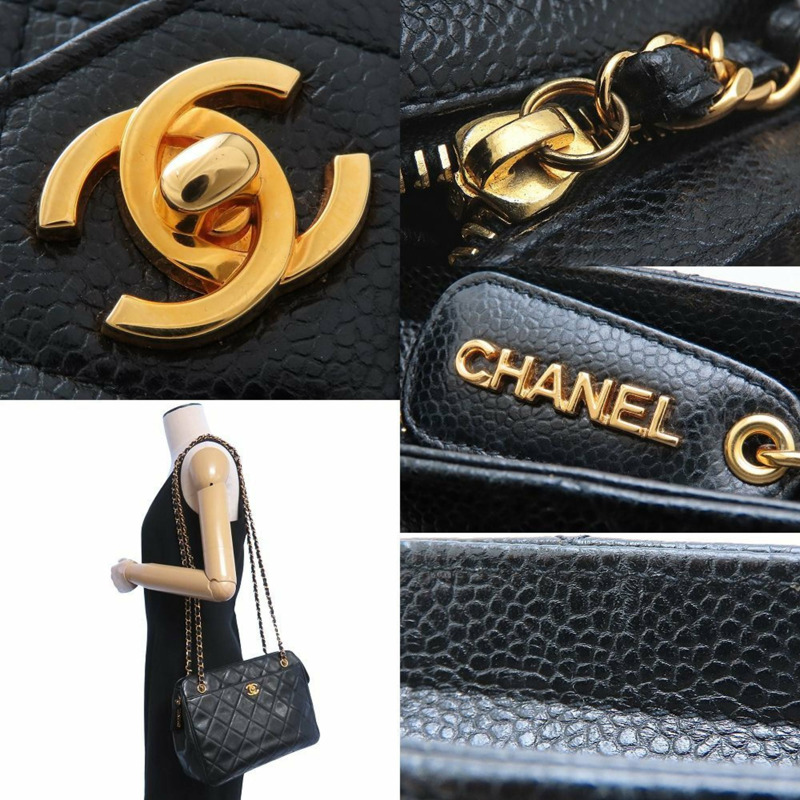 香奈兒魚子醬紋皮革鏈肩背包，黑色，女士，352959-5