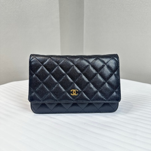 香奈兒/Chanel WOC Wallet On Chain 經典黑金顆粒壓花牛皮單肩包19×4.5×12cm