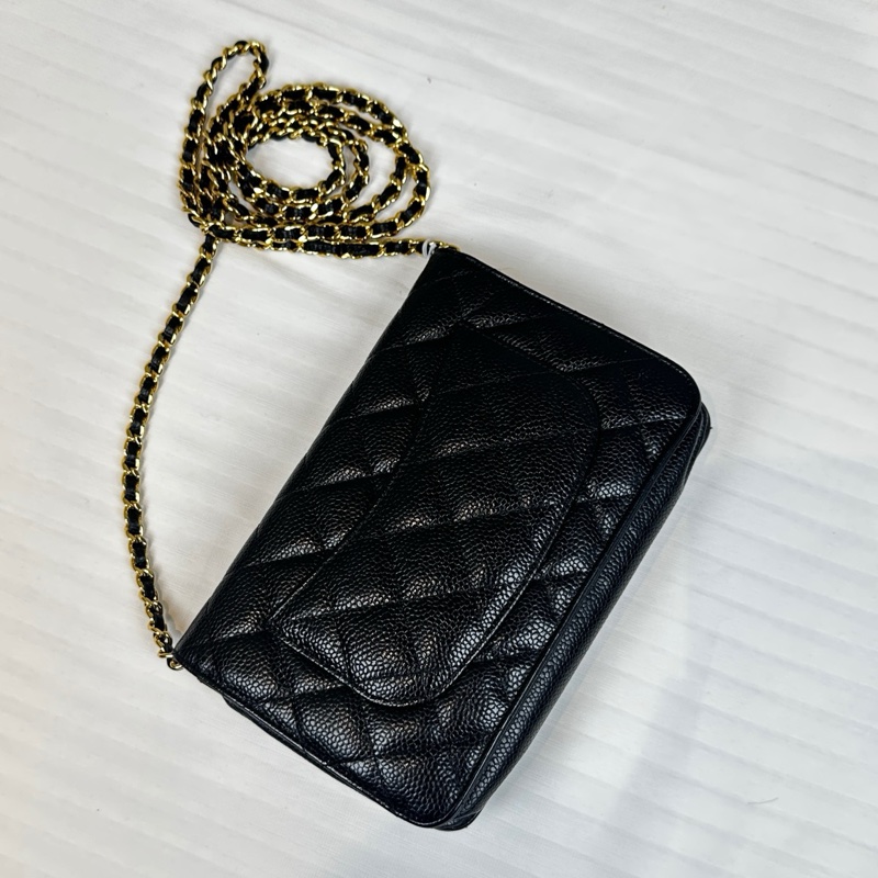 香奈兒/Chanel WOC Wallet On Chain 經典黑金顆粒壓花牛皮單肩包19×4.5×12cm-1
