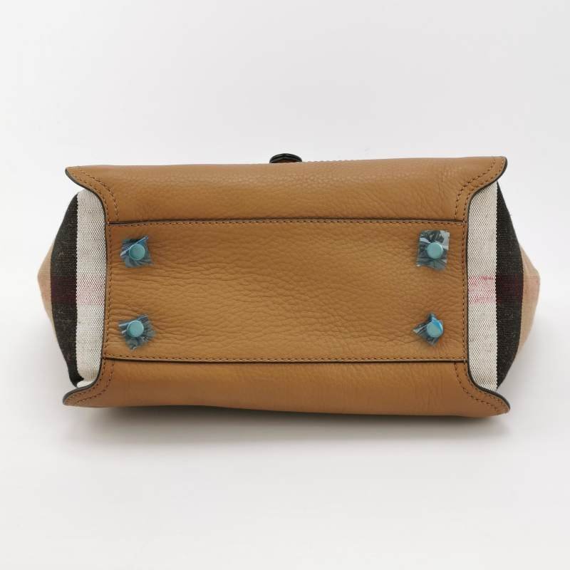 Burberry牛皮帆布拼色格紋logo壓紋單肩包-5