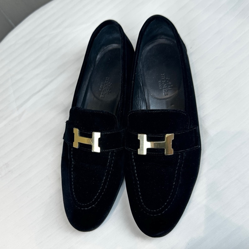 愛馬仕/Hermes 黑色絨面樂福鞋 38碼-0