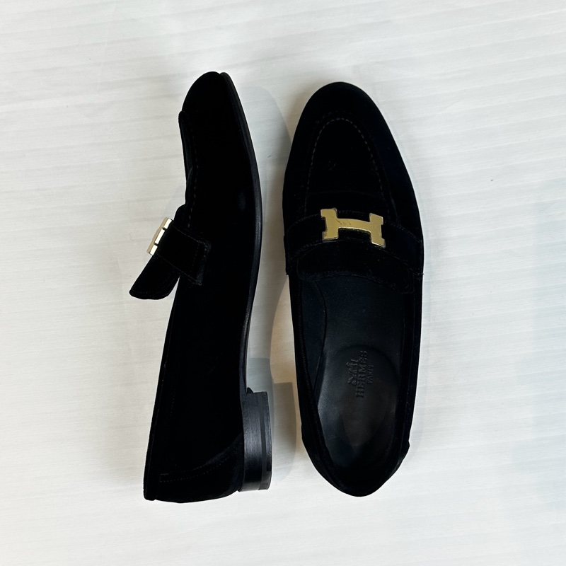 愛馬仕/Hermes 黑色絨面樂福鞋 38碼-6