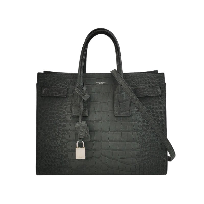 Saint Laurent SacdeJour小號牛皮純色鱷魚壓紋字母徽標風琴包斜挎包單肩包-0