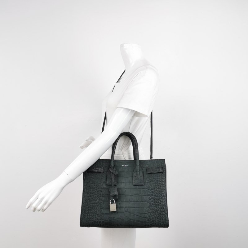 Saint Laurent SacdeJour小號牛皮純色鱷魚壓紋字母徽標風琴包斜挎包單肩包-1