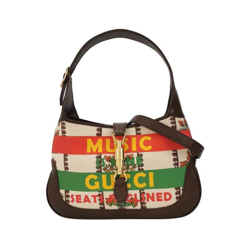 Gucci Jackie 1961 小號牛皮帆布拼色字母Logo鎖扣單肩包 9.8新-0