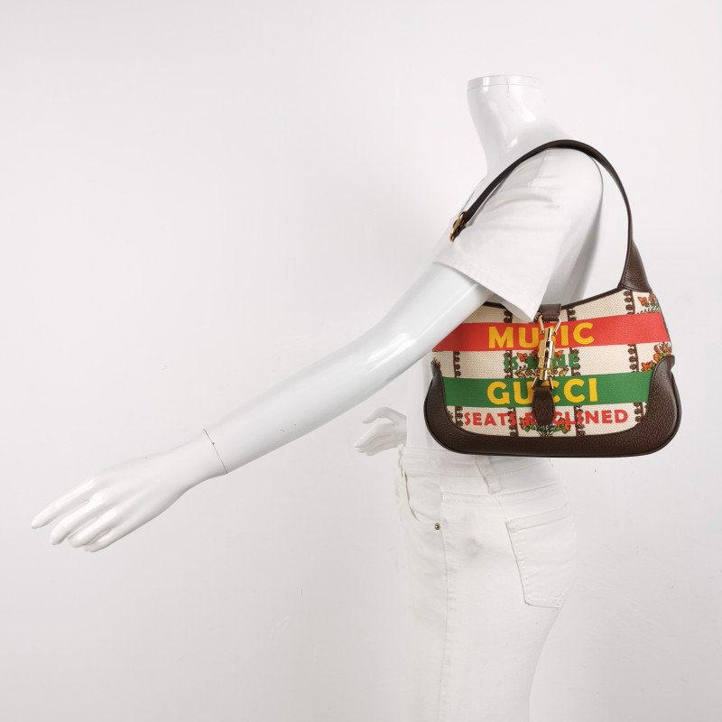 Gucci Jackie 1961 小號牛皮帆布拼色字母Logo鎖扣單肩包 9.8新-1