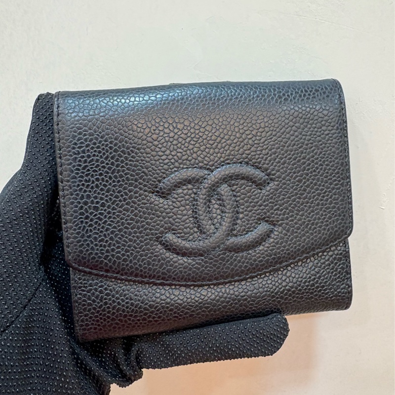 香奈兒 chanel vintage 黑色荔枝皮短夾-0