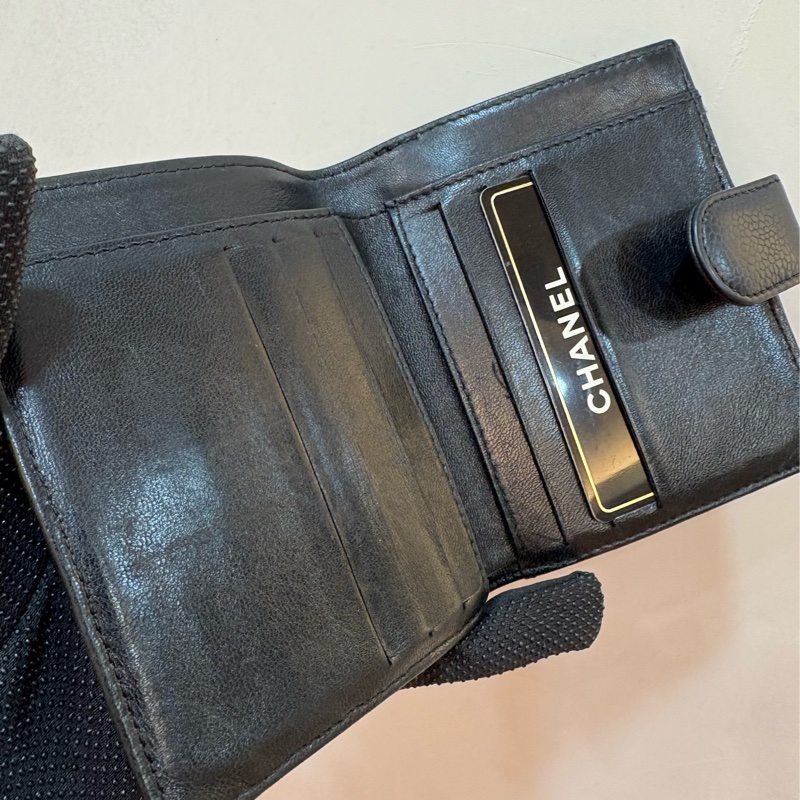 香奈兒 chanel vintage 黑色荔枝皮短夾-7