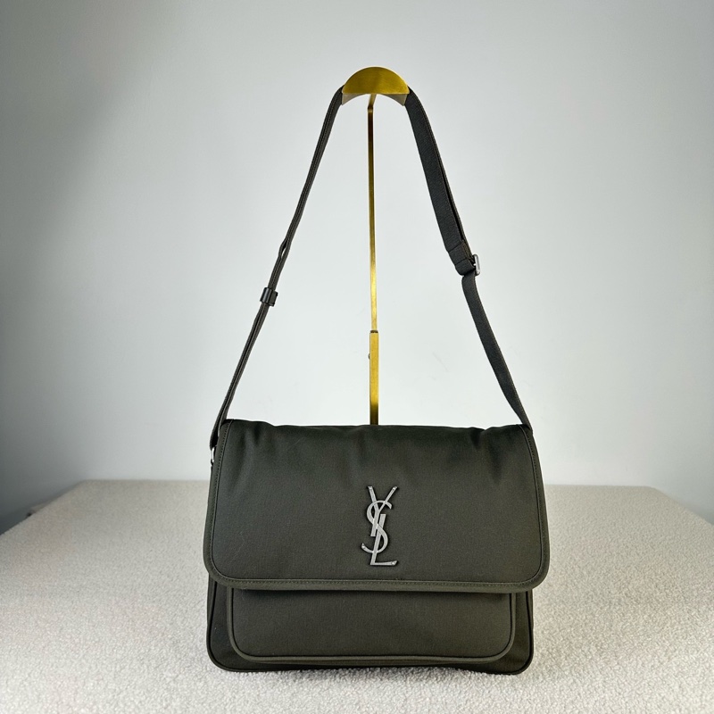 YSL聖羅蘭 niki郵差包 深卡其色棉材質 銀扣 尺寸約32.5*23-2