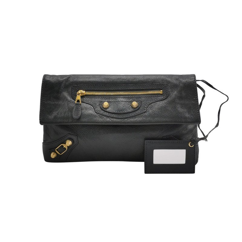 BalenciagaGiant City油蠟皮純色拉鏈鉚釘手拿包-0