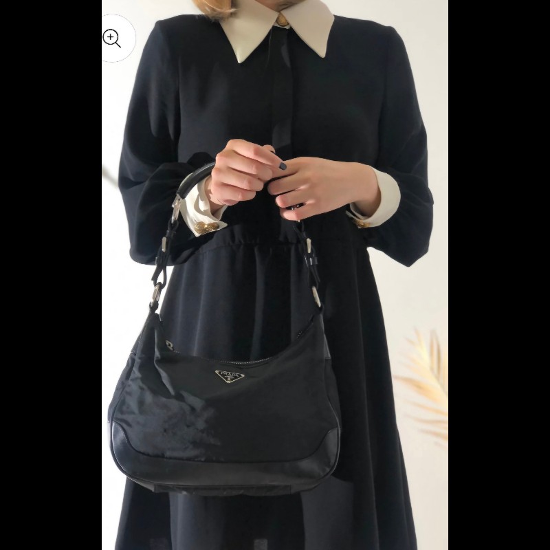 Vintage PRADA 金屬把手滾皮革腋下包-15