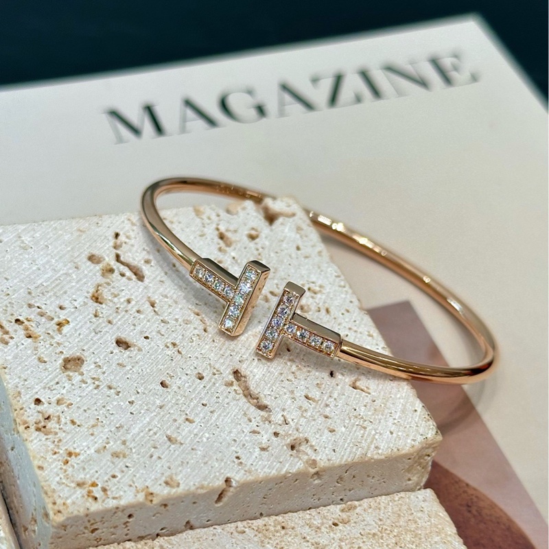 Tiffany/蒂芙尼 T系列 18K玫瑰金 鑲鑽線圈手鐲-0