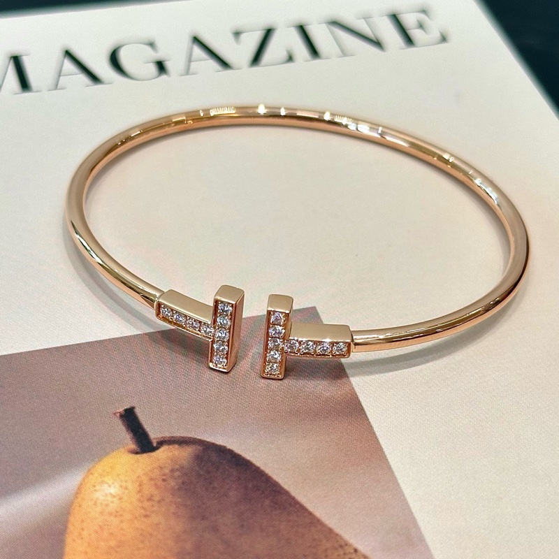 Tiffany/蒂芙尼 T系列 18K玫瑰金 鑲鑽線圈手鐲-3