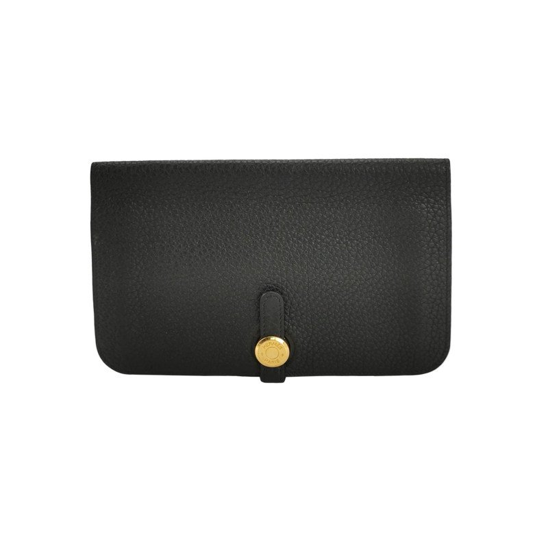 Hermes Dogon Duo馬鞍釘鎖扣錢包Clemence(TC)牛皮金扣89黑色框R刻-0