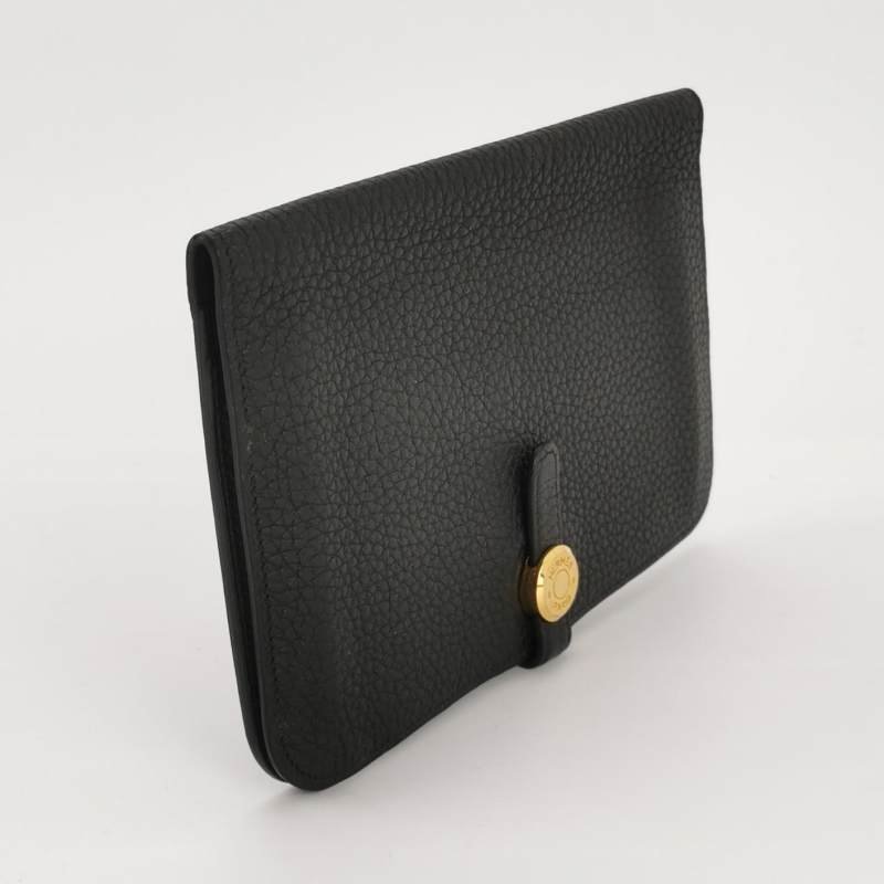 Hermes Dogon Duo馬鞍釘鎖扣錢包Clemence(TC)牛皮金扣89黑色框R刻-2