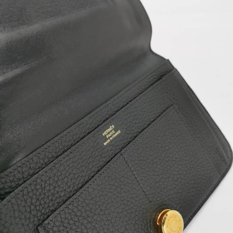 Hermes Dogon Duo馬鞍釘鎖扣錢包Clemence(TC)牛皮金扣89黑色框R刻-6