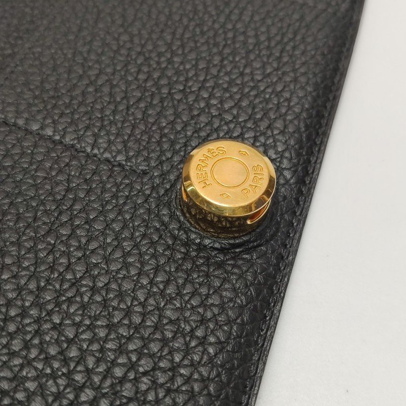 Hermes Dogon Duo馬鞍釘鎖扣錢包Clemence(TC)牛皮金扣89黑色框R刻-7