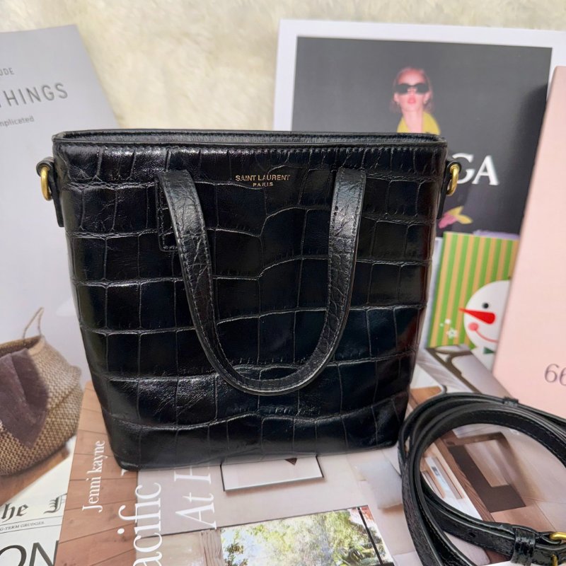 YSL 豎版 tote 黑色 鱷魚壓紋 牛皮 金扣-0