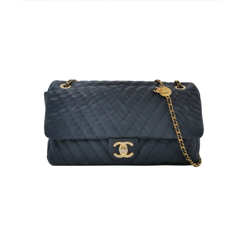 Chanel Flap Bag牛皮V紋絎縫雙C扣皮穿鏈單肩包-0