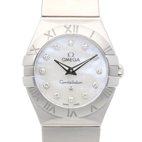 歐米茄星座系列腕錶，不銹鋼，12310246055001，石英機芯，重新拋光，93068XXX，女士，二手，12 點鑽石，白色錶殼。