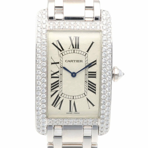 卡地亞 Tank Américaine SM 腕錶，18K 金，1736 型號，石英機芯，翻新，二手，不防水，鑲鑽錶殼，羅馬數字時標，女士款，成色：不完美