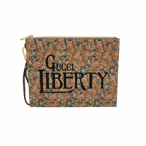 Gucci牛皮花卉滿印字母Logo拉鏈手拿包