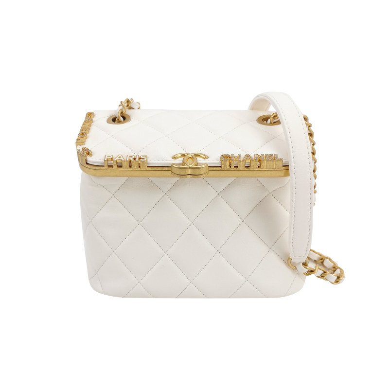 Chanel 羊皮純色菱格絎縫雙C標識字母logo斜挎包單肩包-0