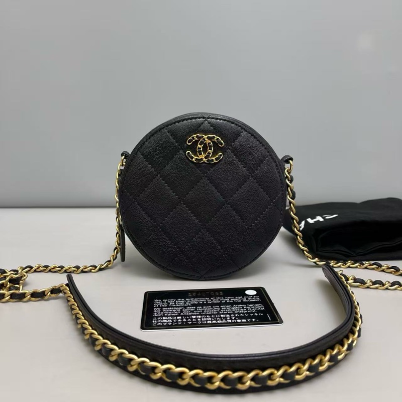 Chanel 香奈兒 19bag 黑金全皮菱格鏈條圓餅包-0