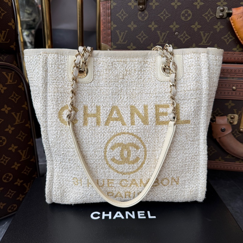 Chanel Deauville 斜紋軟呢沙灘包*象牙白拼米色-0