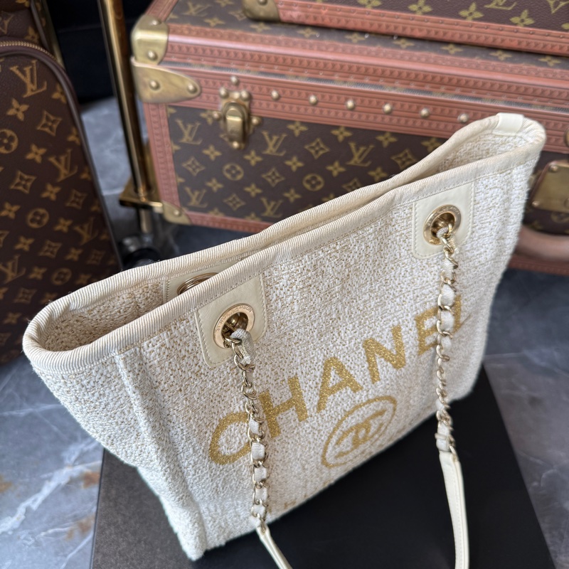 Chanel Deauville 斜紋軟呢沙灘包*象牙白拼米色-3