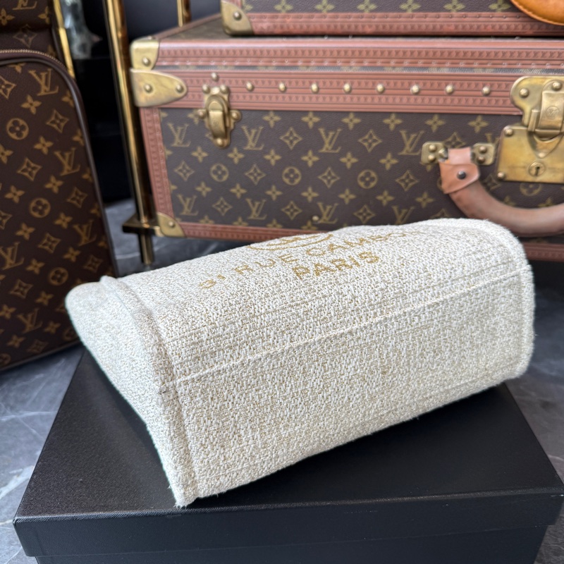 Chanel Deauville 斜紋軟呢沙灘包*象牙白拼米色-4