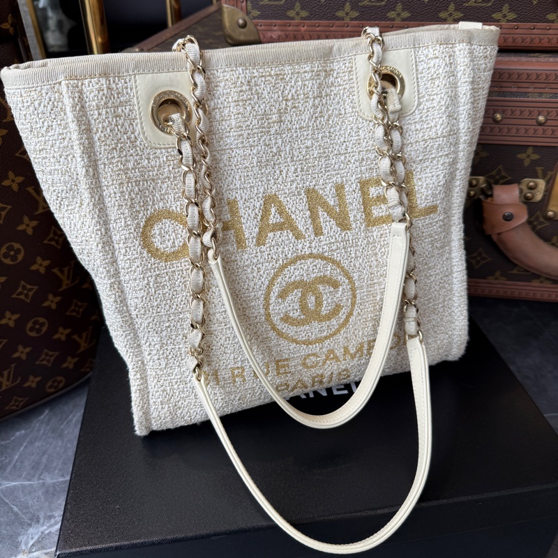 Chanel Deauville 斜紋軟呢沙灘包*象牙白拼米色-5
