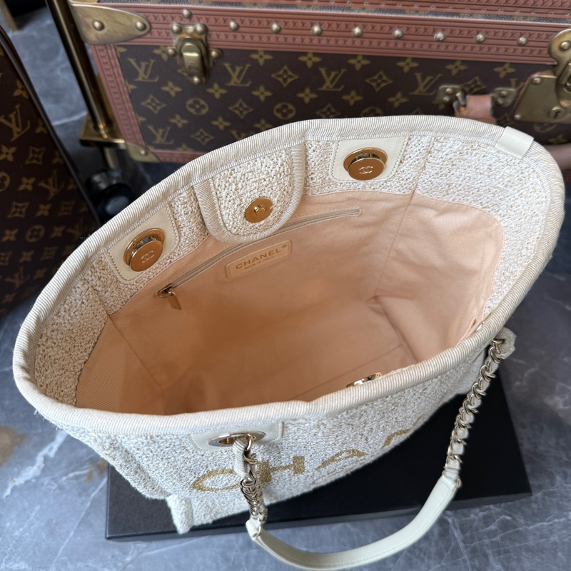 Chanel Deauville 斜紋軟呢沙灘包*象牙白拼米色-6