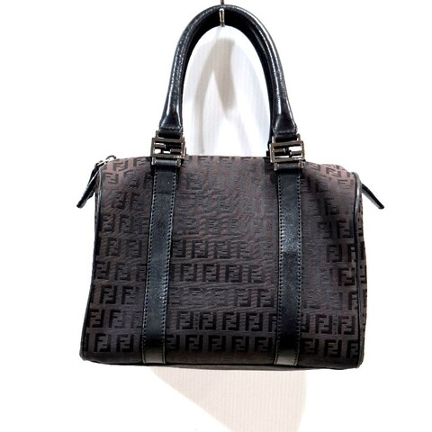 FENDI 黑色老花圖案烏木色緹花布波士頓包