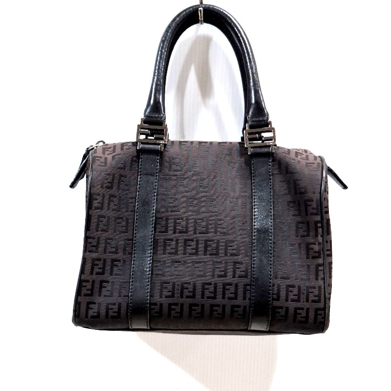 FENDI 黑色老花圖案烏木色緹花布波士頓包-0