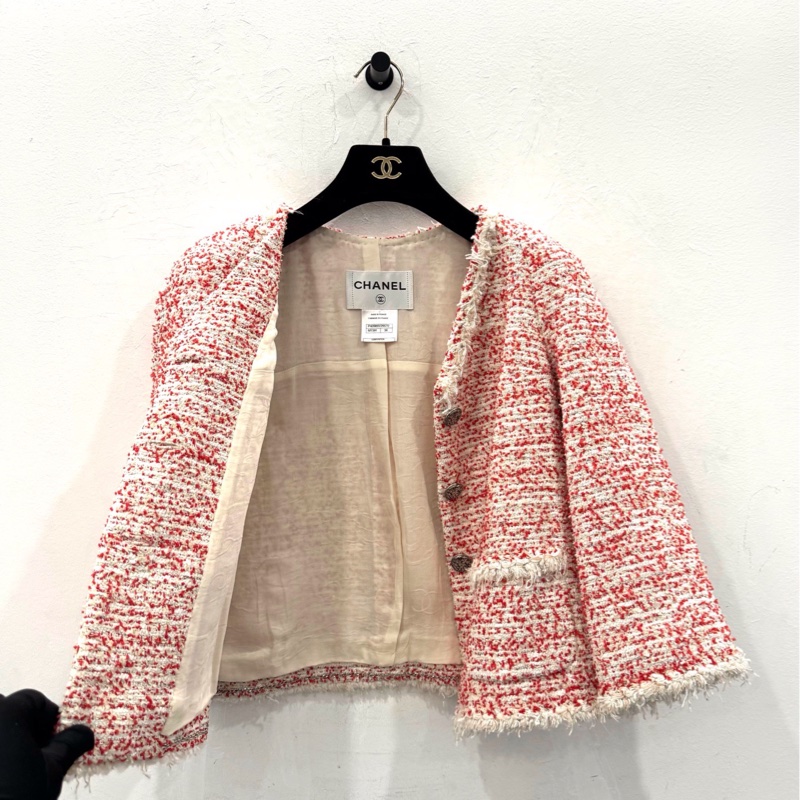 Chanel香奈兒 紅白拼色粗花呢針織女款夾克外套 36碼 99新-2