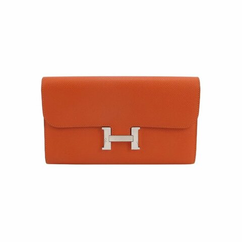 Hermes Constance康康大號字母H扣錢包Epsom牛皮銀扣9T火焰橘T刻