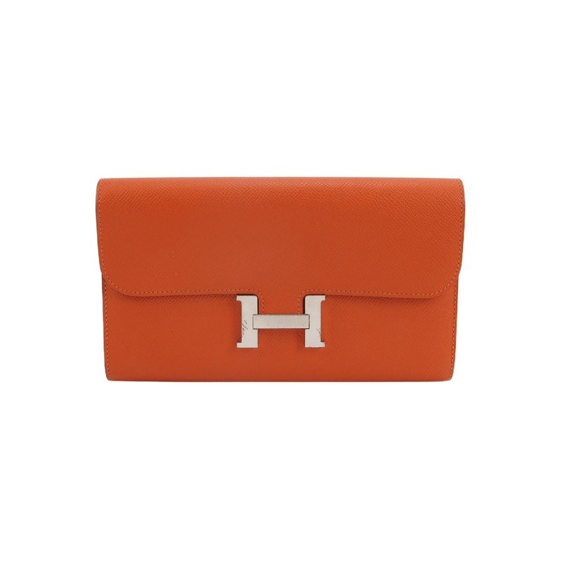 Hermes Constance康康大號字母H扣錢包Epsom牛皮銀扣9T火焰橘T刻-0