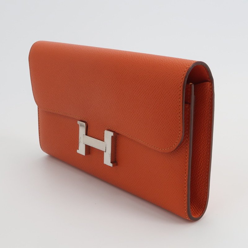 Hermes Constance康康大號字母H扣錢包Epsom牛皮銀扣9T火焰橘T刻-1