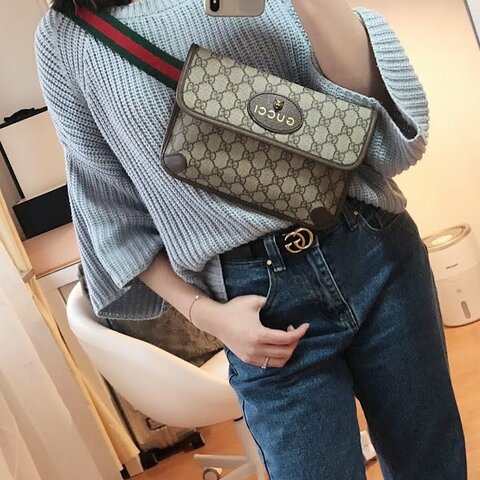 GUCCI 古馳 Neo Vinatage Supreme 帆布印花 皮革飾邊 斜背包 虎頭 胸口包 腰包