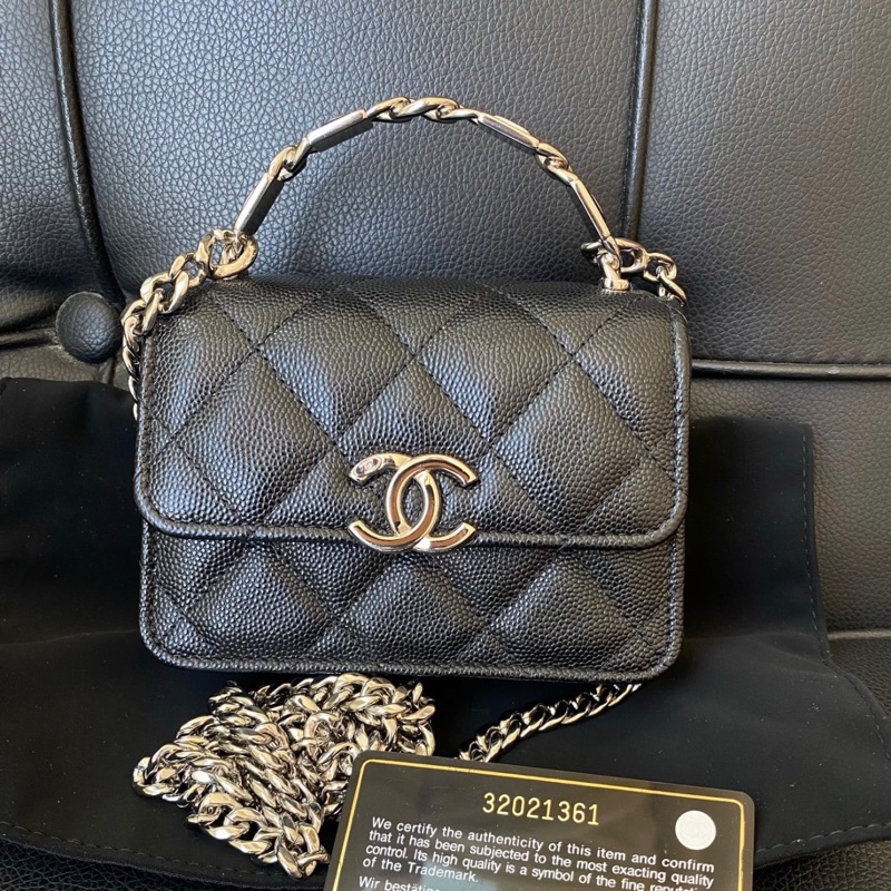 ✨全網最平 99新 32開 Chanel mini小廢包 黑銀 荔枝皮-0