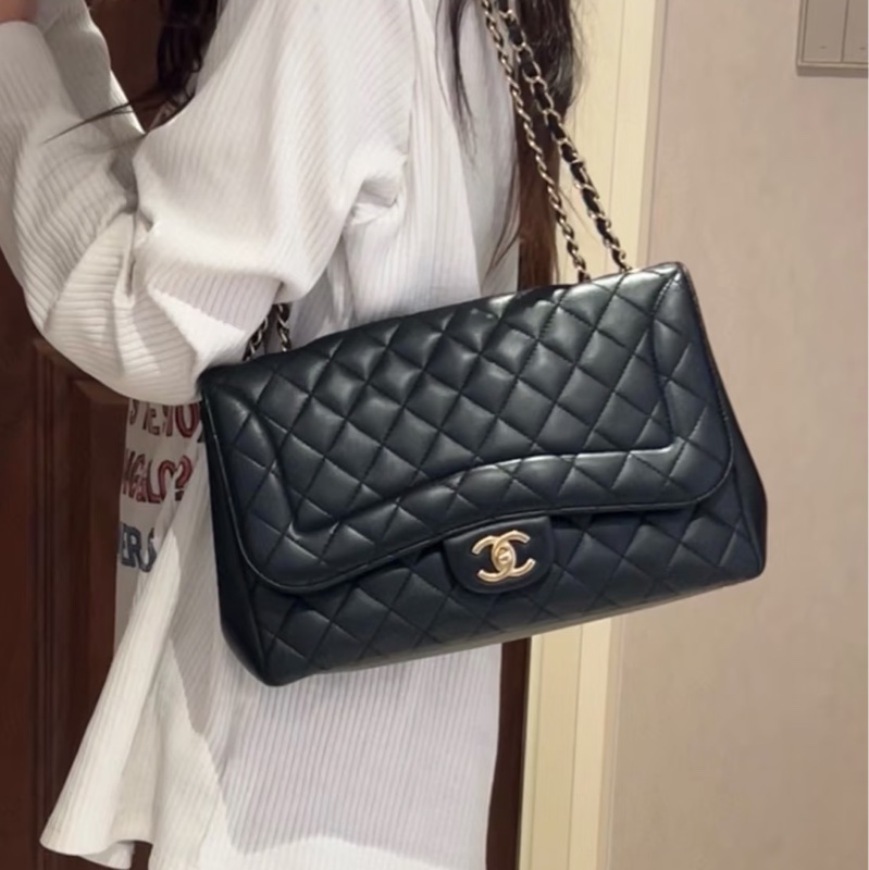 🈶購證99新😍Chanel黑金羊皮戴妃jumbo菱格機場包手提肩背包-0