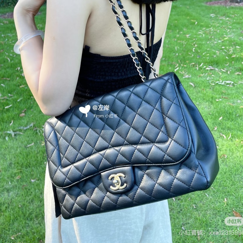 🈶購證99新😍Chanel黑金羊皮戴妃jumbo菱格機場包手提肩背包-1