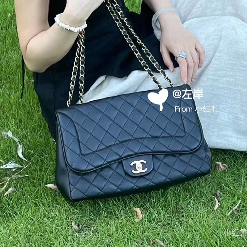 🈶購證99新😍Chanel黑金羊皮戴妃jumbo菱格機場包手提肩背包-2
