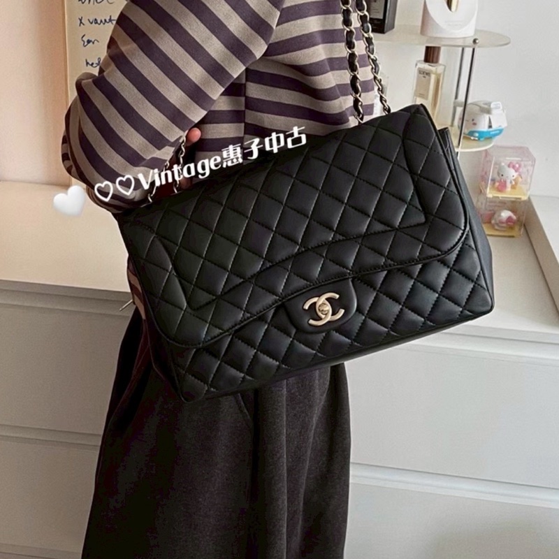 🈶購證99新😍Chanel黑金羊皮戴妃jumbo菱格機場包手提肩背包-3