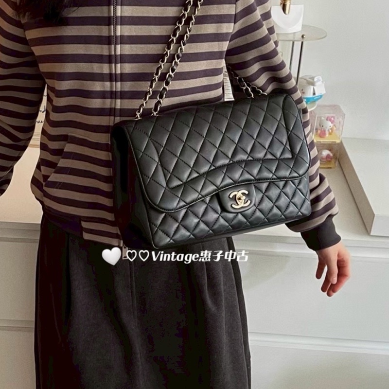 🈶購證99新😍Chanel黑金羊皮戴妃jumbo菱格機場包手提肩背包-4