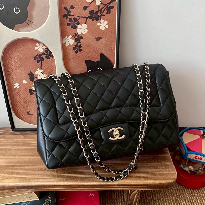 🈶購證99新😍Chanel黑金羊皮戴妃jumbo菱格機場包手提肩背包-6