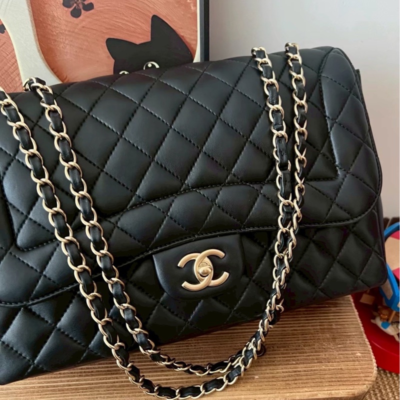 🈶購證99新😍Chanel黑金羊皮戴妃jumbo菱格機場包手提肩背包-7