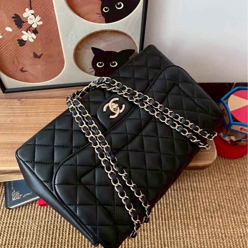 🈶購證99新😍Chanel黑金羊皮戴妃jumbo菱格機場包手提肩背包-10